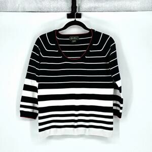 Vtg Eddie Bauer Navy & Cream Stripe Stretch Pima Cotton Cropped Sweater - Size L